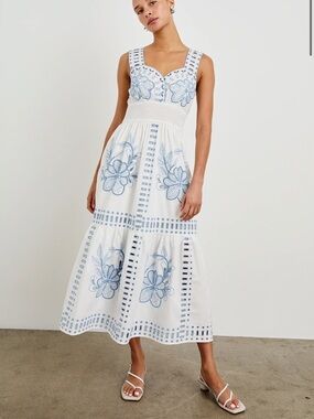 Rails Fawn Dress White & Light Blue Embroidered Sleeveless Maxi Dress Size S